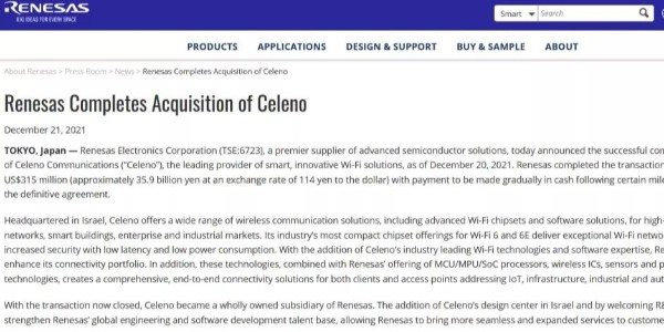 瑞萨3.15亿美元收购Wi-Fi芯片供应商Celeno