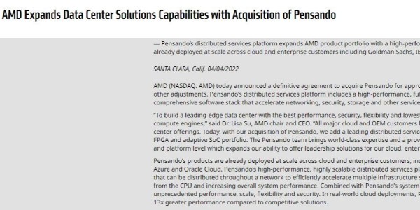 AMD宣布收购云服务提供商PensandoSystems